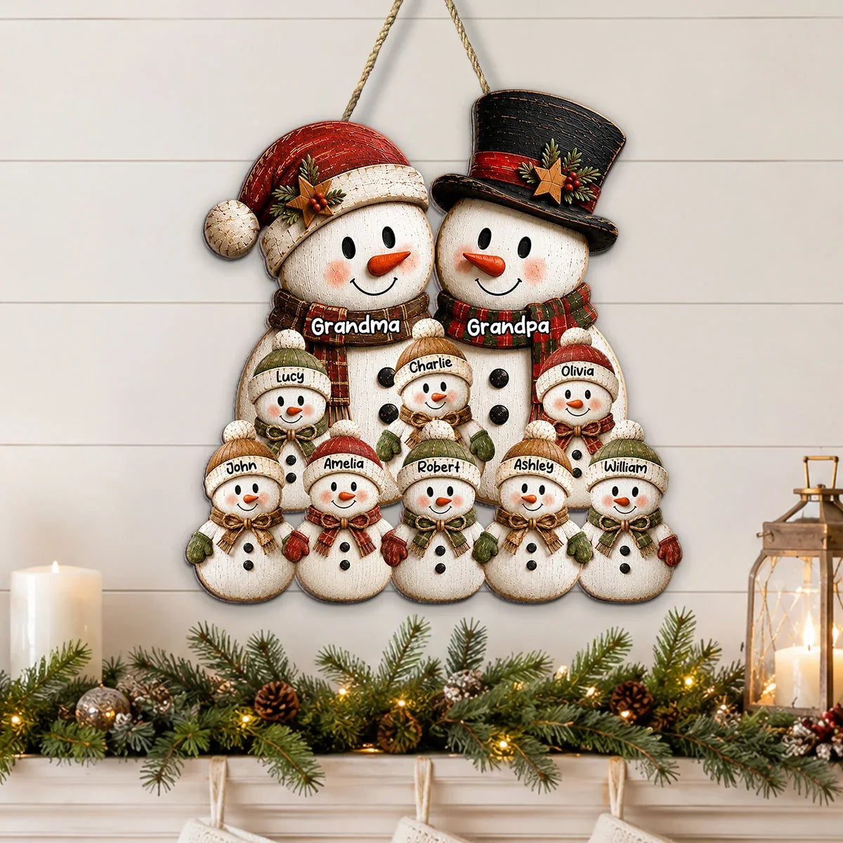 Personalized Wooden Sign, Heartwarming Grandparents and Grandkids Snowman Scene, Creative Family Gift