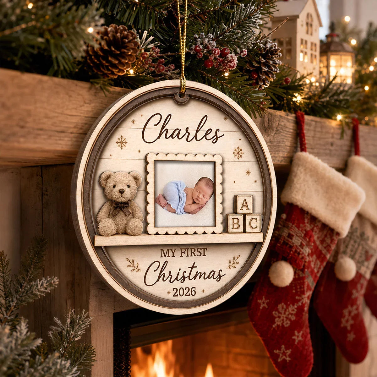 Personalized 2-Layer Wooden Ornament, Sleeping Baby Nursery Scene, Unique First Christmas Gift for New Parents