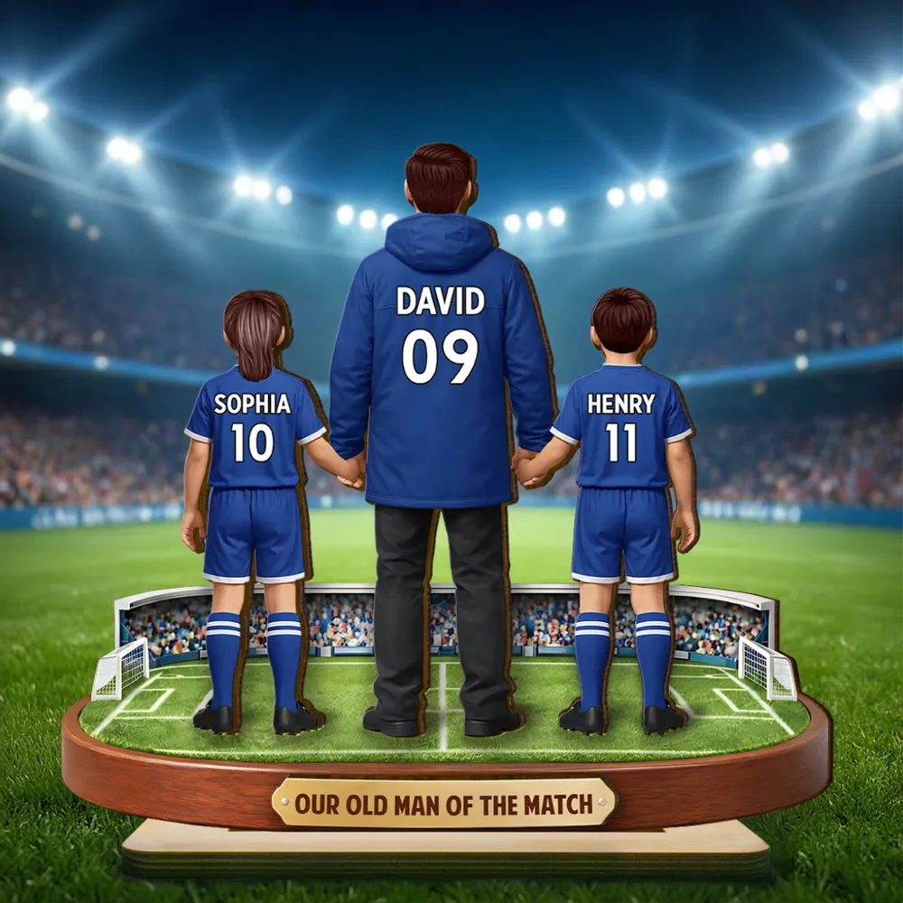 Personalized 2-Layer Wooden Plaque Soccer Dad Holding Kids' Hands Stadium Scene, Unique Father's Day Gift