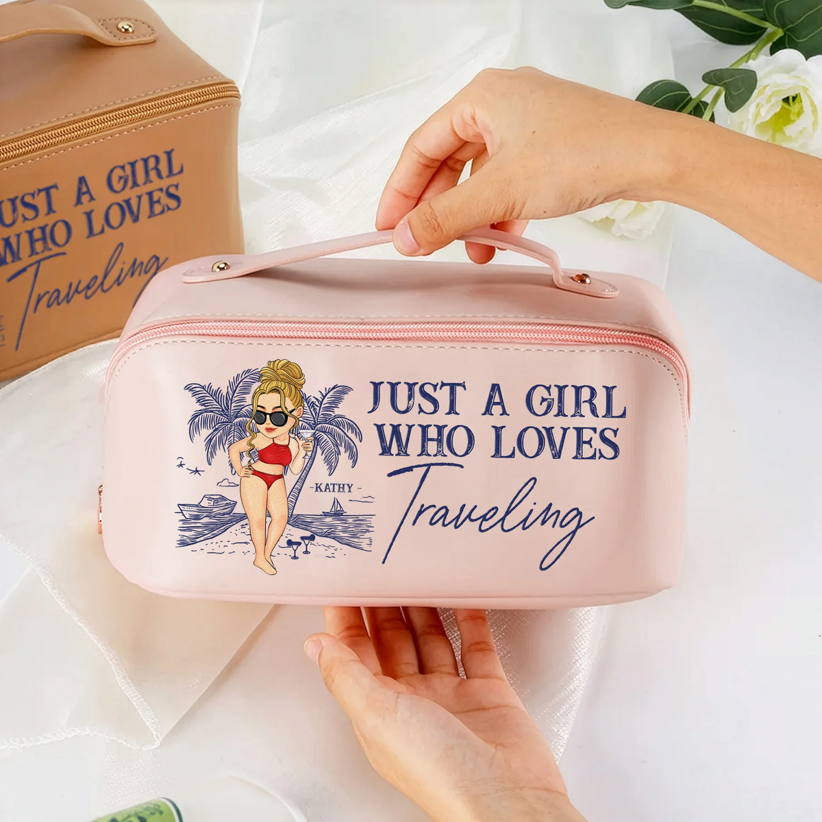 Personalized Leather Makeup Bag for Travel Lovers, Beach Girl Quote Design, Unique Gift for Her