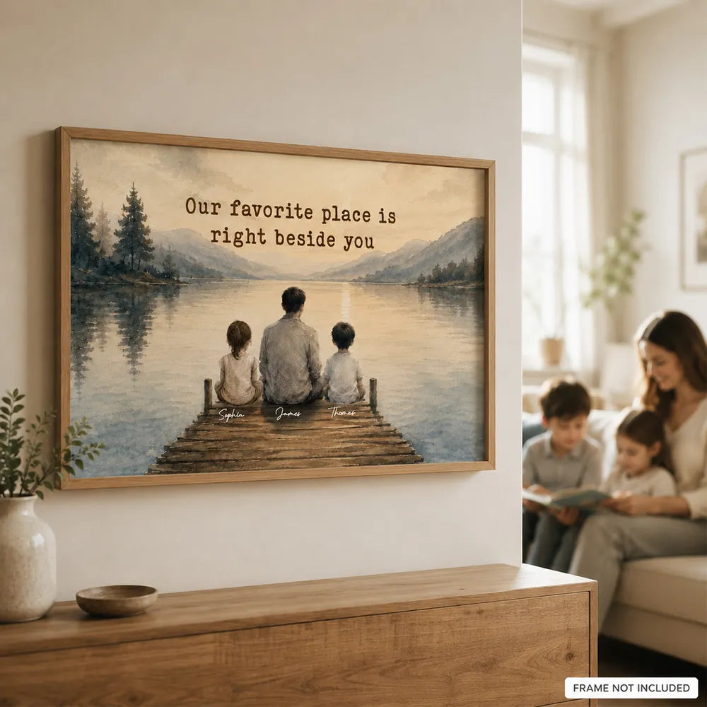 Our Favorite Place Poster, Personalized Dad & Kids Lake Scene, Creative Family Gift