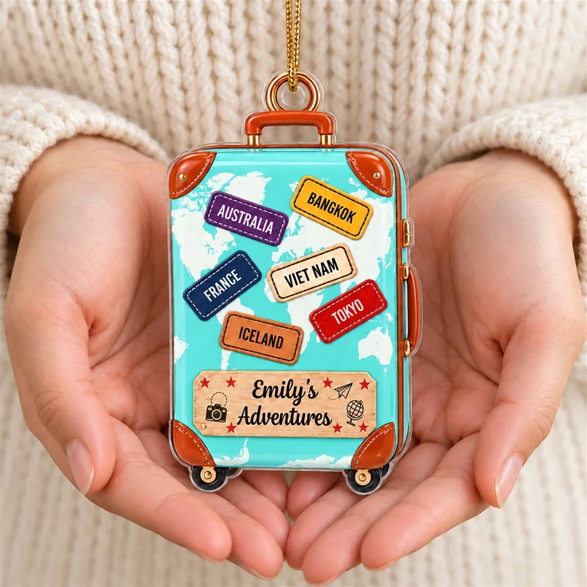 Personalized Acrylic Ornament, Turquoise Suitcase World Map Keepsake, Unique Travel Gift for Travelers