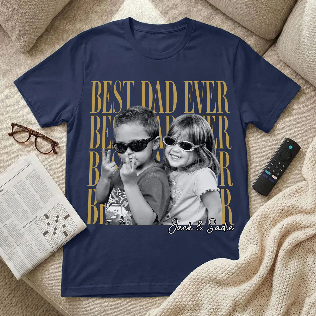 Best Dad Ever Classic Tee, Custom Photo Shirt With Playful Kids in Sunglasses, Creative Gift for Dad