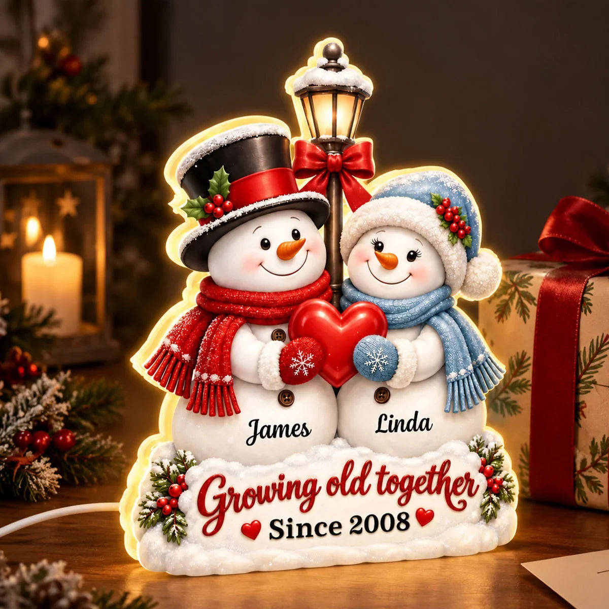 Personalized Growing Old Together Acrylic Light Box, Snowmen Holding a Heart, Creative Gift for a Partner