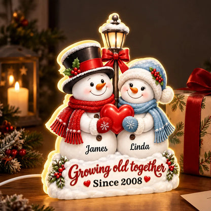 Personalized Growing Old Together Acrylic Light Box, Snowmen Holding a Heart, Creative Gift for a Partner
