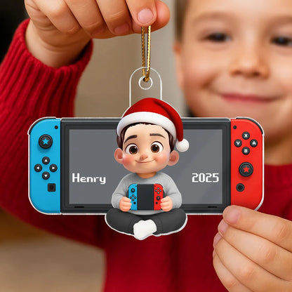 Personalized Acrylic Ornament with Cute Gamer Child Holding Console, Unique Christmas Gift for Son