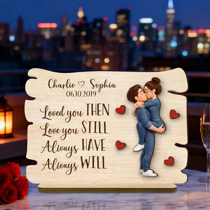 Personalized 2-Layer Wooden Plaque with Kissing Couple and Heart Accents, Romantic Table Decor, Unique Gift for Couple
