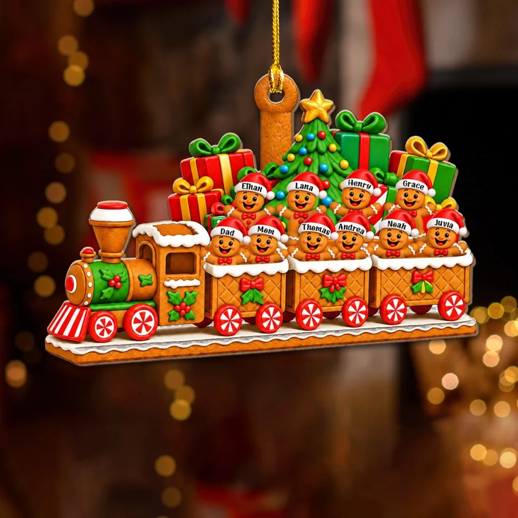 Personalized Acrylic Ornament, Gingerbread Family Riding a Colorful Train, Unique Christmas Gift for Family