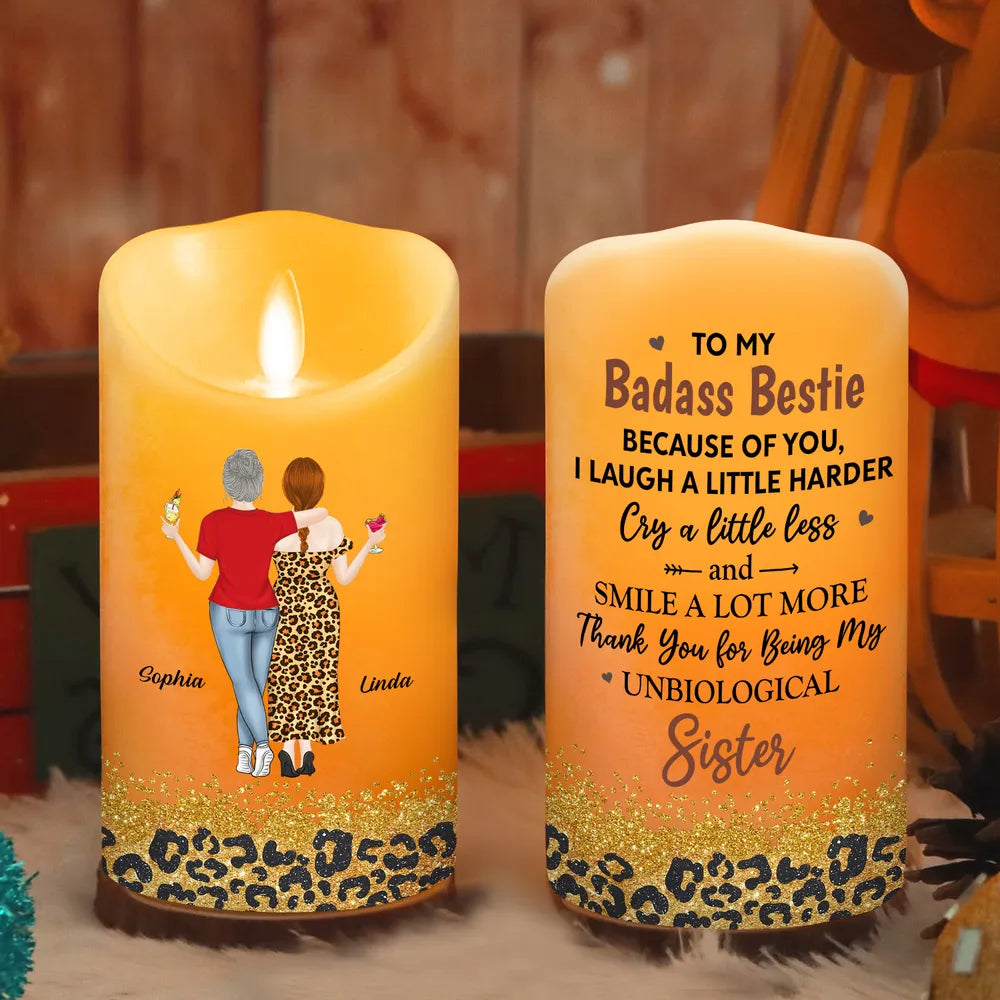 Flameless LED Candle for Best Friend - Custom Art, Warm Glow, Because of You message - unique creative gift