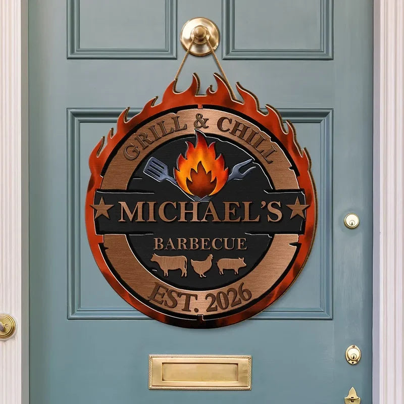 Personalized Wooden Sign with Flame and Grilling Icons, Creative Gift for Backyard Cooks and Hosts