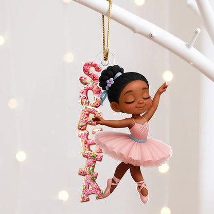 Personalized Acrylic Ornament, Pink Ballerina Dancing with Gingerbread Letters, Unique Christmas Gift for Girls