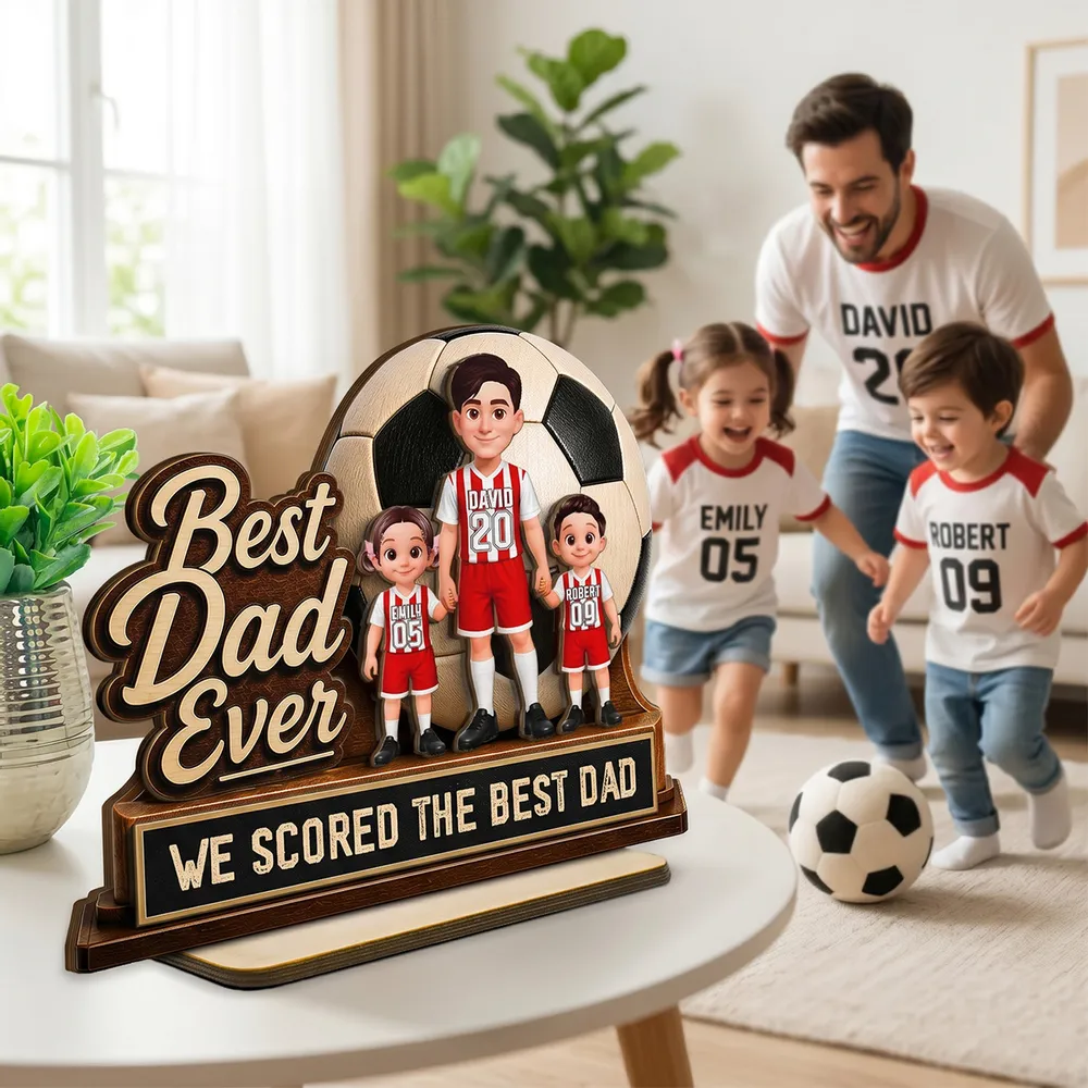 Best Dad Ever 2-Layer Wooden Plaque with Soccer Ball & Kids, Creative Gift for Dad