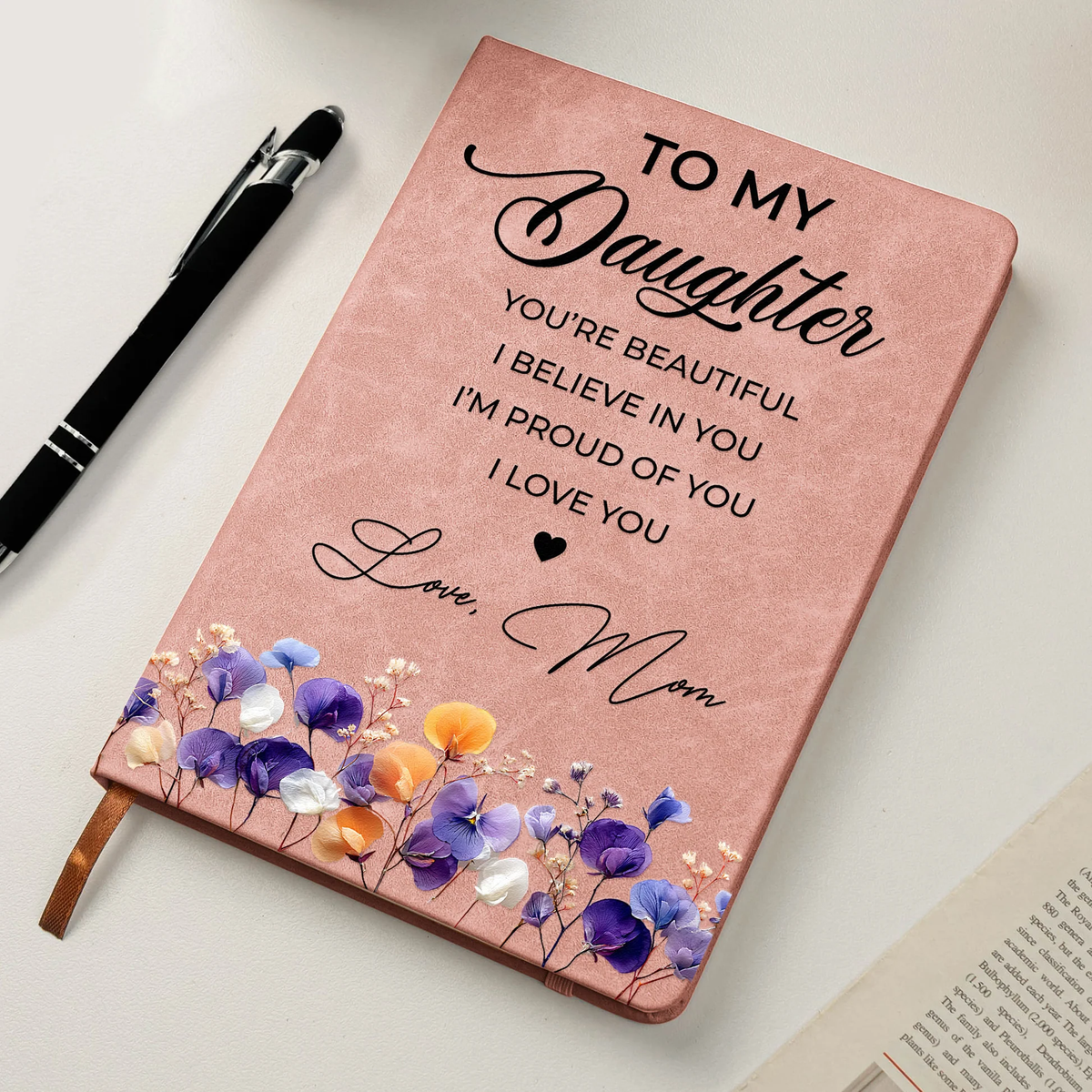 Personalized Leather Journal With Floral Quote Cover, Encouraging Gift For Daughter, Niece Or Granddaughter
