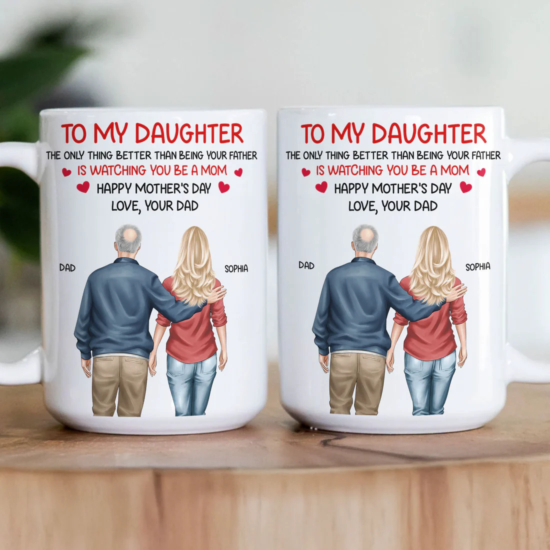 White Ceramic Mug Personalized for a Daughter, Heartwarming Father and Daughter Illustration, Thoughtful Mother's Day Gift