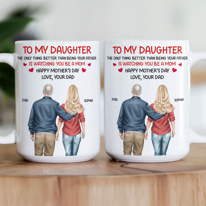 White Ceramic Mug Personalized for a Daughter, Heartwarming Father and Daughter Illustration, Thoughtful Mother's Day Gift