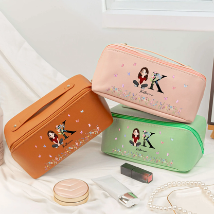 Personalized Leather Makeup Bag with Initial & Cartoon Girl, Spacious Travel Makeup Organizer, Cute Unique Gift for Her