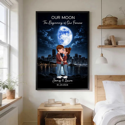 Our Moon Romantic Poster with Kissing Couple by the City Skyline, Personalized Keepsake Wall Art, Unique Wedding Gift