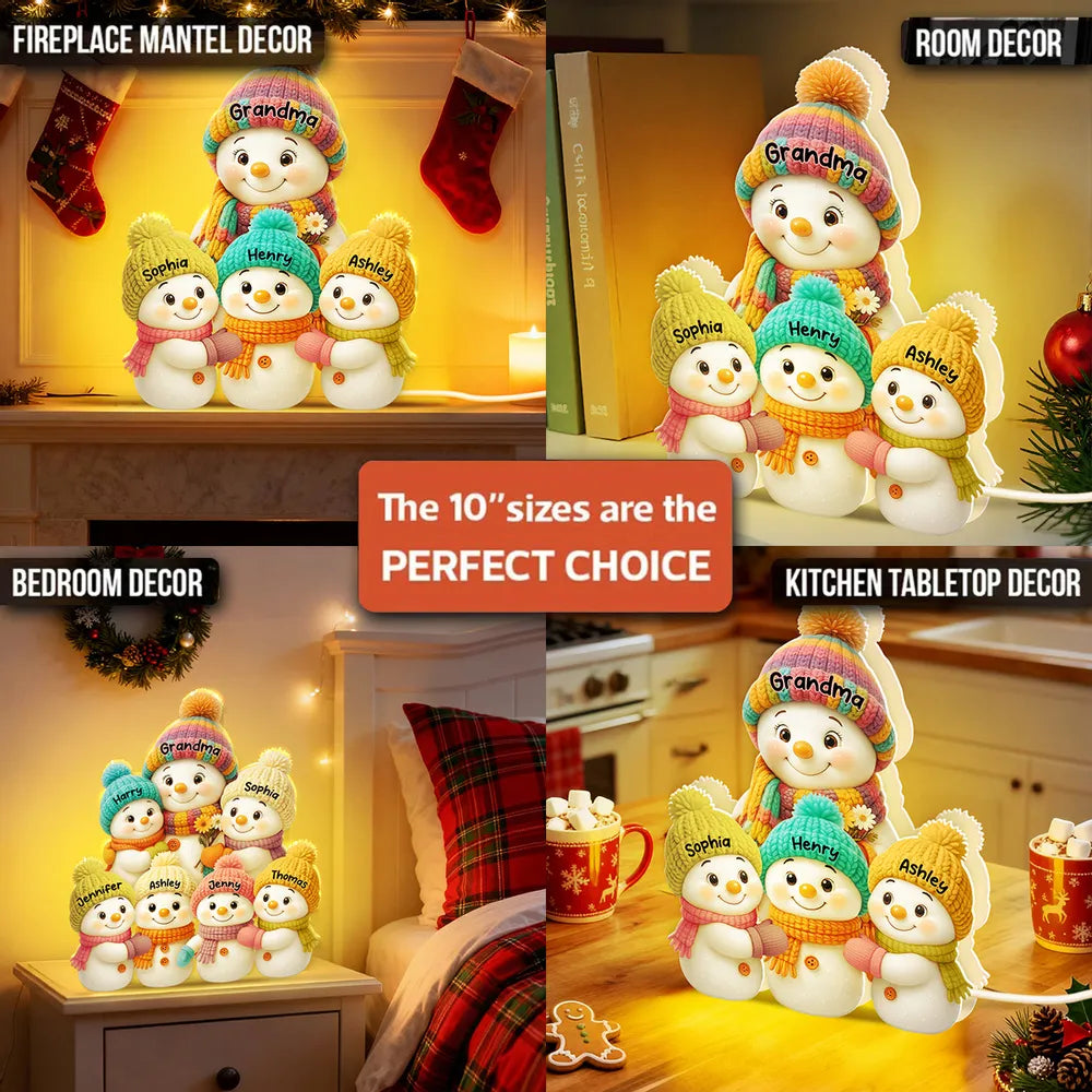 Snowman Family Acrylic Light Box with knitted hats, cozy holiday scene for grandparents, warm winter décor, a heartfelt Christmas gift
