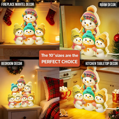 Snowman Family Acrylic Light Box with knitted hats, cozy holiday scene for grandparents, warm winter décor, a heartfelt Christmas gift