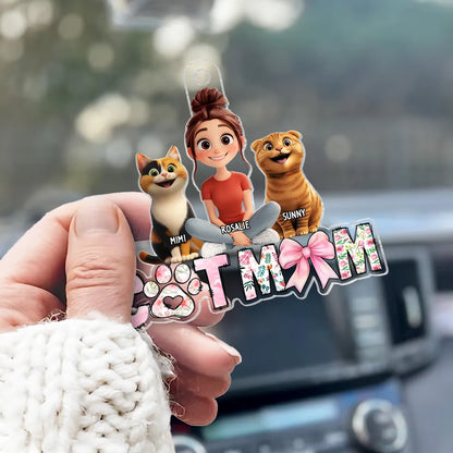 Cute Cartoon Cat Mom Acrylic Car Hanger, Personalized Rearview Mirror Decor for Cat Lovers, Unique Gift