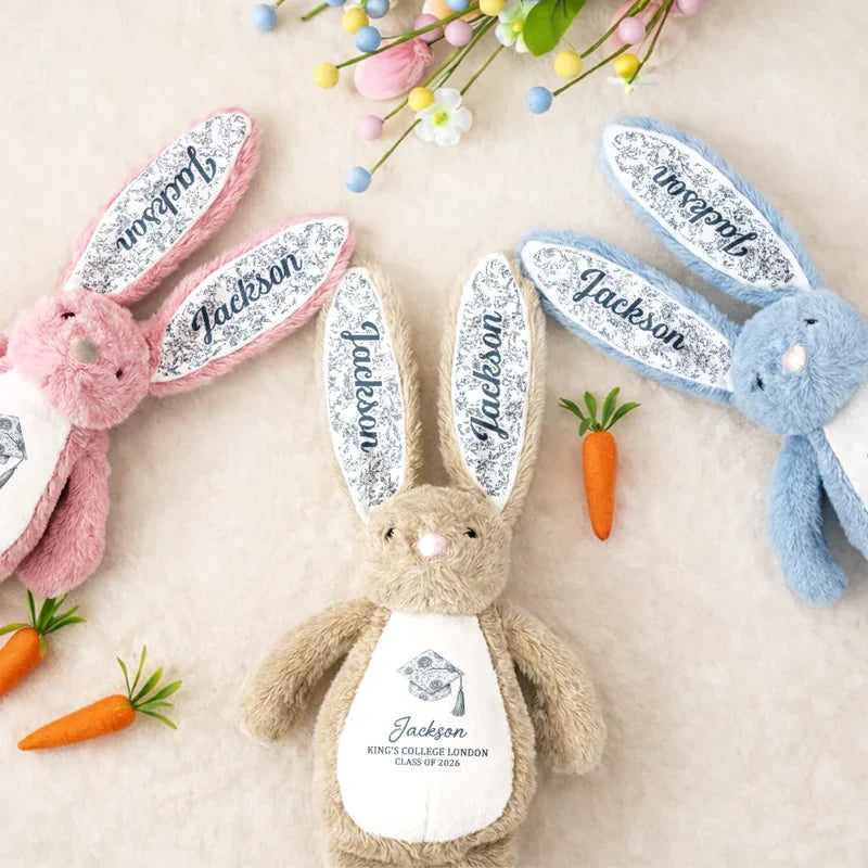Custom Plush Bunny for Graduation, Cute Sitting Bunny with Floral Ears, Creative Gift Full of Pride