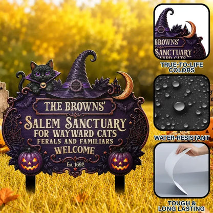 Personalized Metal Garden Stake, Black Cat by a Witch Hat, Gothic Welcome Decor, Creative Gift for Cat Lovers
