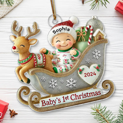 Baby’s 1st Christmas Acrylic Ornament – Adorable Reindeer Sleigh Design, Perfect Gift for Newborn Celebration