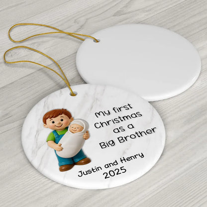 Personalized Big Brother Big Sister Ceramic Ornament celebrating first Christmas as a sibling, round ceramic holiday décor gift