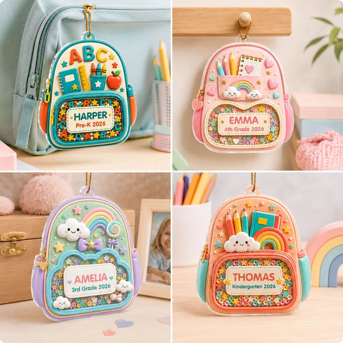Personalized Acrylic Ornament, Hanging School Backpack in Coral and Teal, Unique Gift for Kids