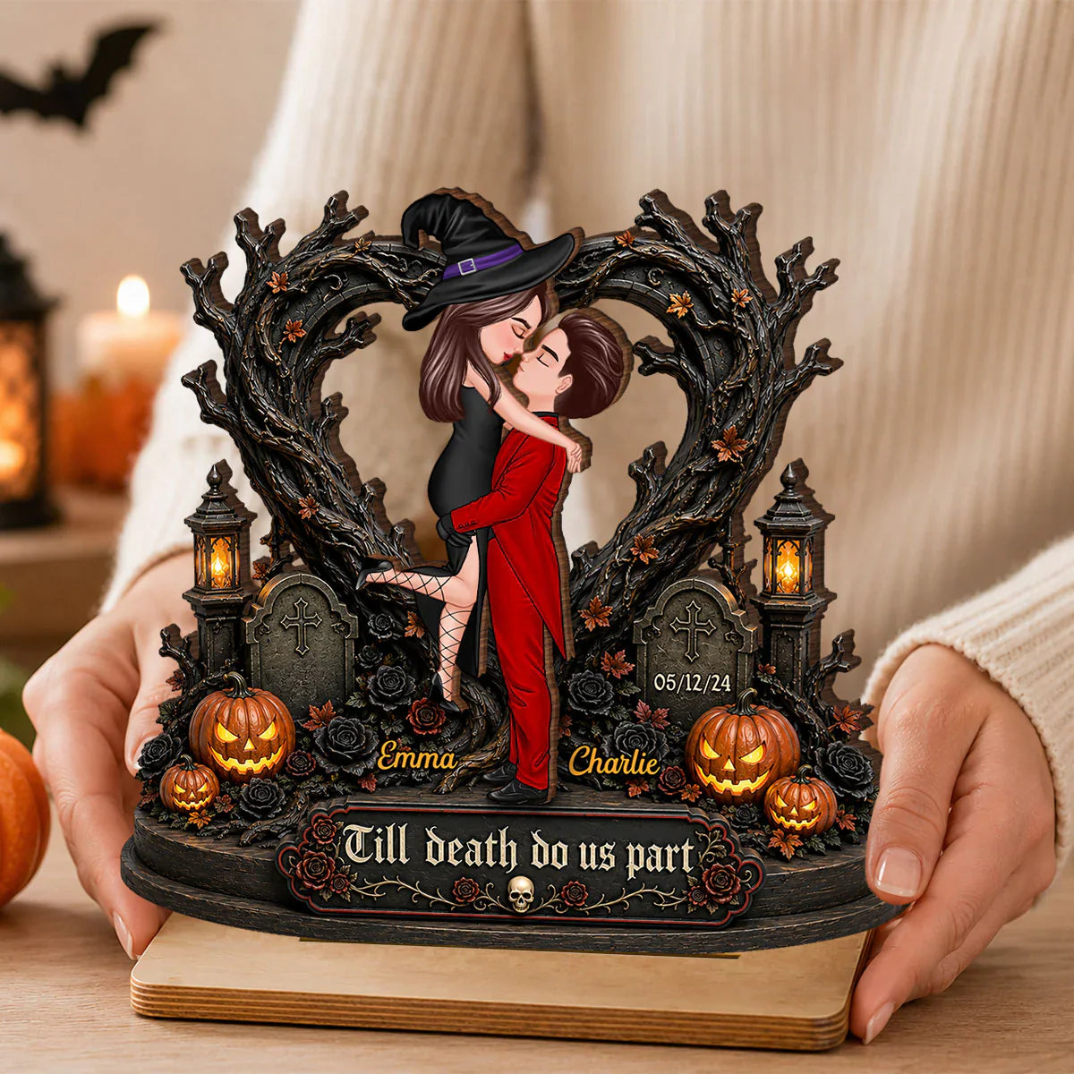 Personalized 2-Layer Wooden Plaque, Kissing Witch Couple Halloween Decor, Unique Gift for Couples