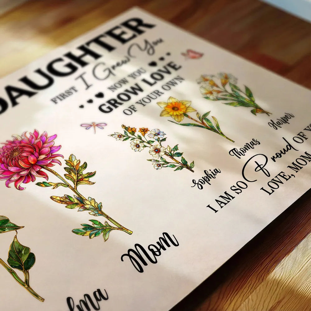 To My Daughter Poster with Floral Illustration and Loving Message, Personalized Wall Decor, Unique Gift for Daughter