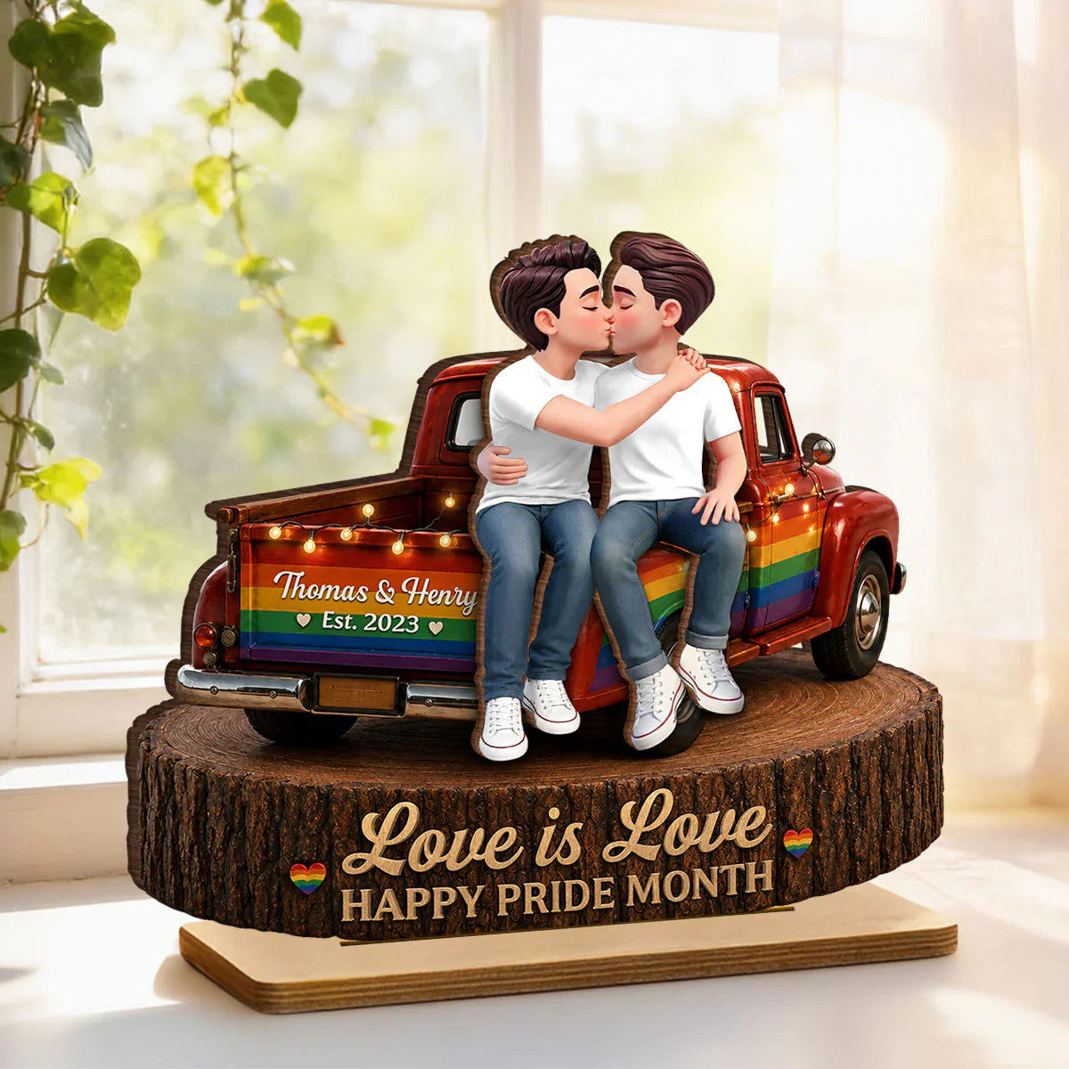 2-Layer Wooden Plaque for Same-Sex Couple, Kissing Rainbow Truck Happy Pride Month Creative Gift