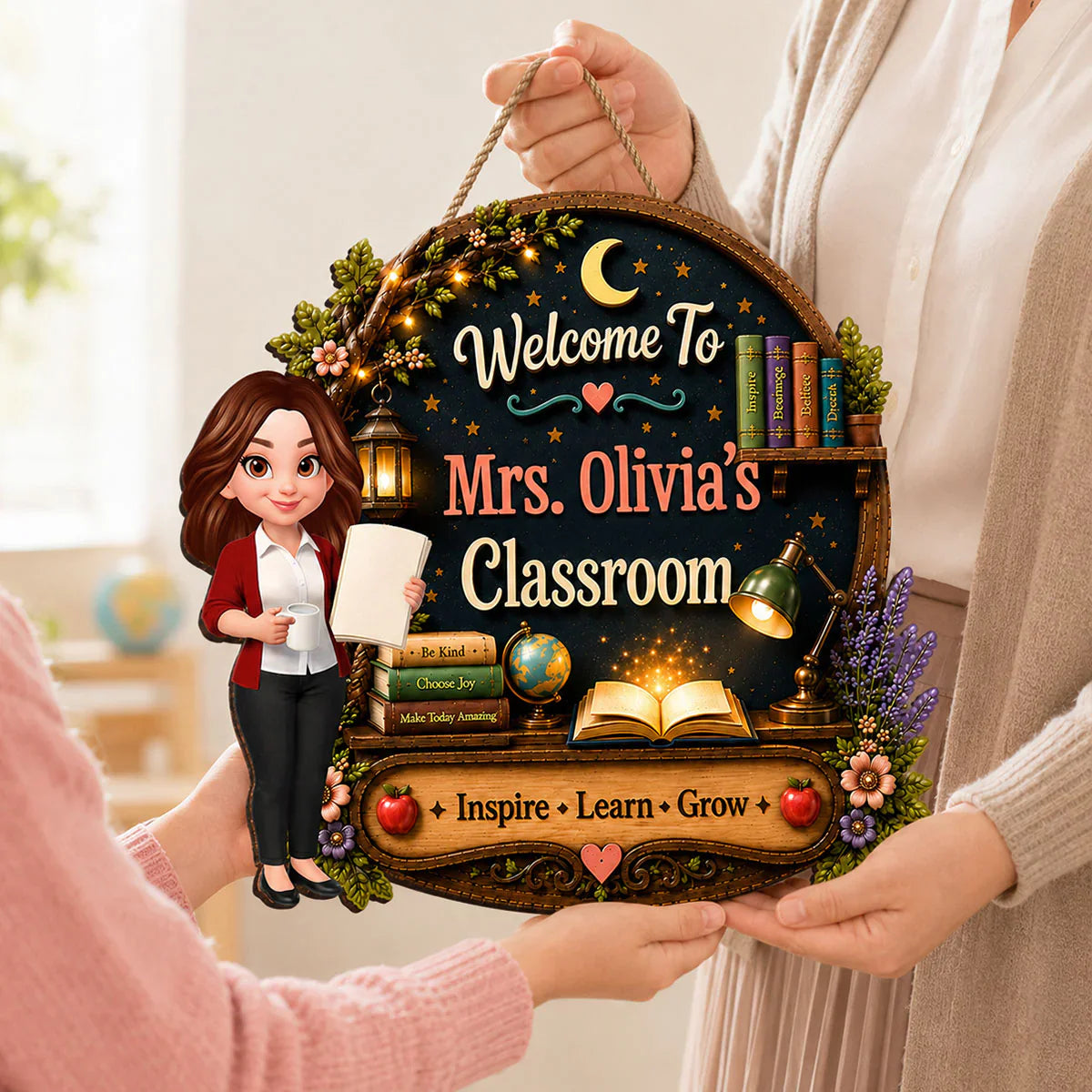 Personalized Wooden Sign with Cute Teacher Illustration, Inspire Learn Grow, Unique Creative Gift for Teacher