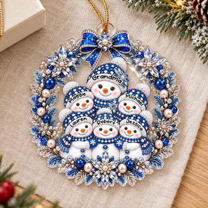 Personalized Acrylic Ornament, Blue and Silver Snowman Wreath, Unique Christmas Gift for Grandma