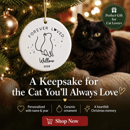 Personalized Cat Memorial Ceramic Ornament, Forever Loved Christmas Tree Keepsake, Unique Gift for Cat Owner