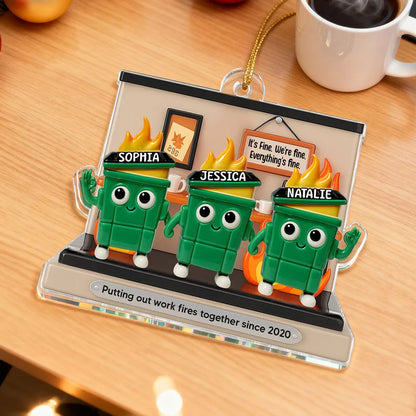 Funny Office Acrylic Ornament With Flaming Trash Cans, Unique Coworker Gift For Desk Or Tree