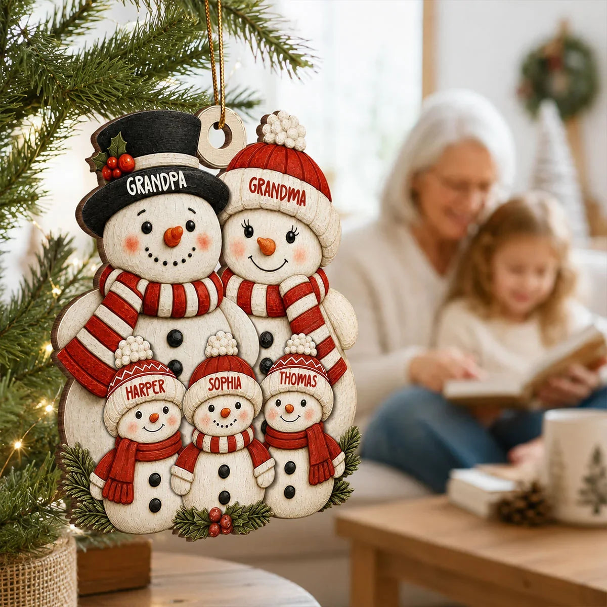 Personalized Wooden Ornament, Snowman Grandparents with Grandkids, Festive Tree Decor, Unique Family Gift