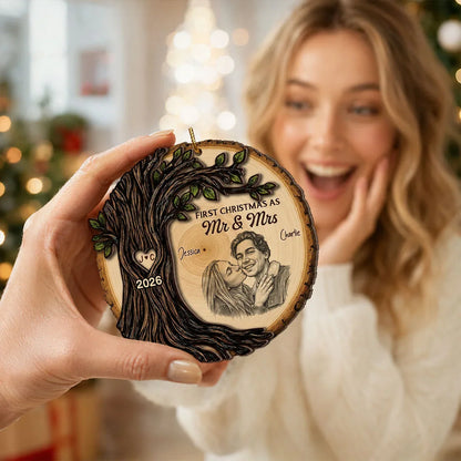 First Christmas as Mr & Mrs 2-Layer Wooden Ornament, Romantic Tree Design, Creative Gift for a Married Couple