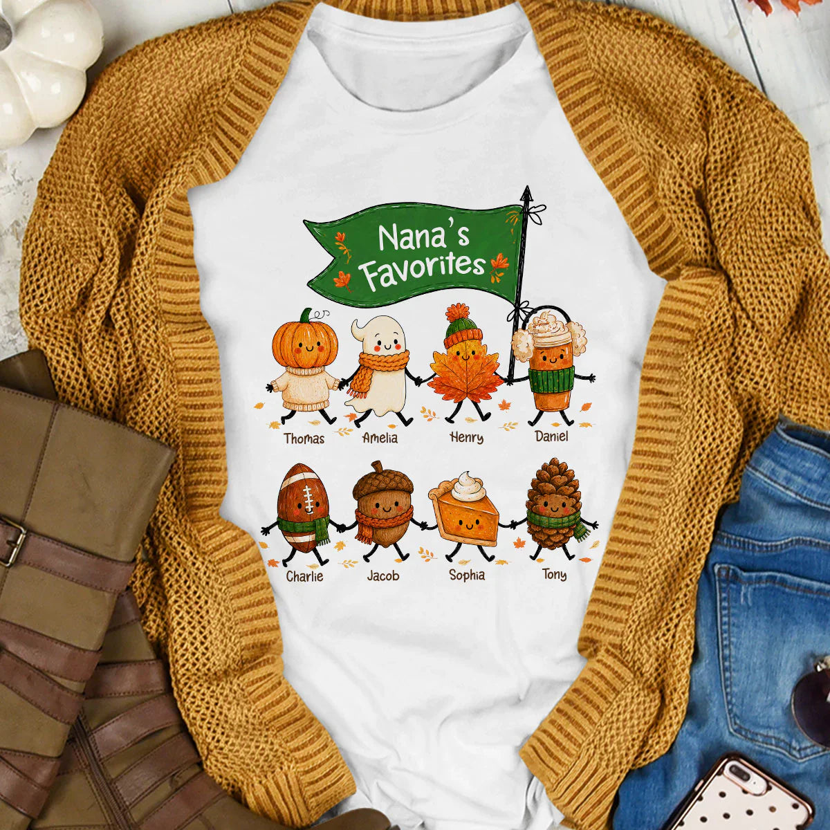 Classic Tee with Cute Pumpkin, Ghost & Leaf Holding Hands, Personalized Creative Gift for Grandma
