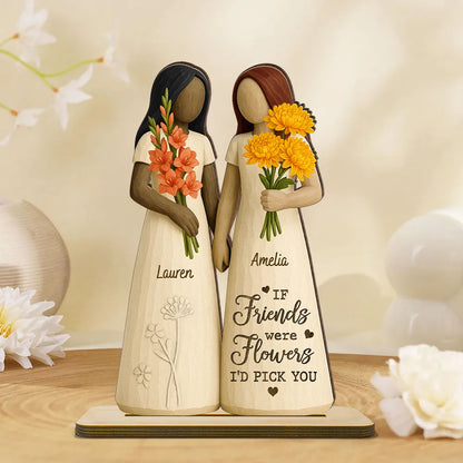 2-Layer Wooden Plaque for Best Friends – Hand-in-Hand figurine with flowers, cozy mantel décor and heartwarming keepsake, perfect gift to celebrate lifelong friendship