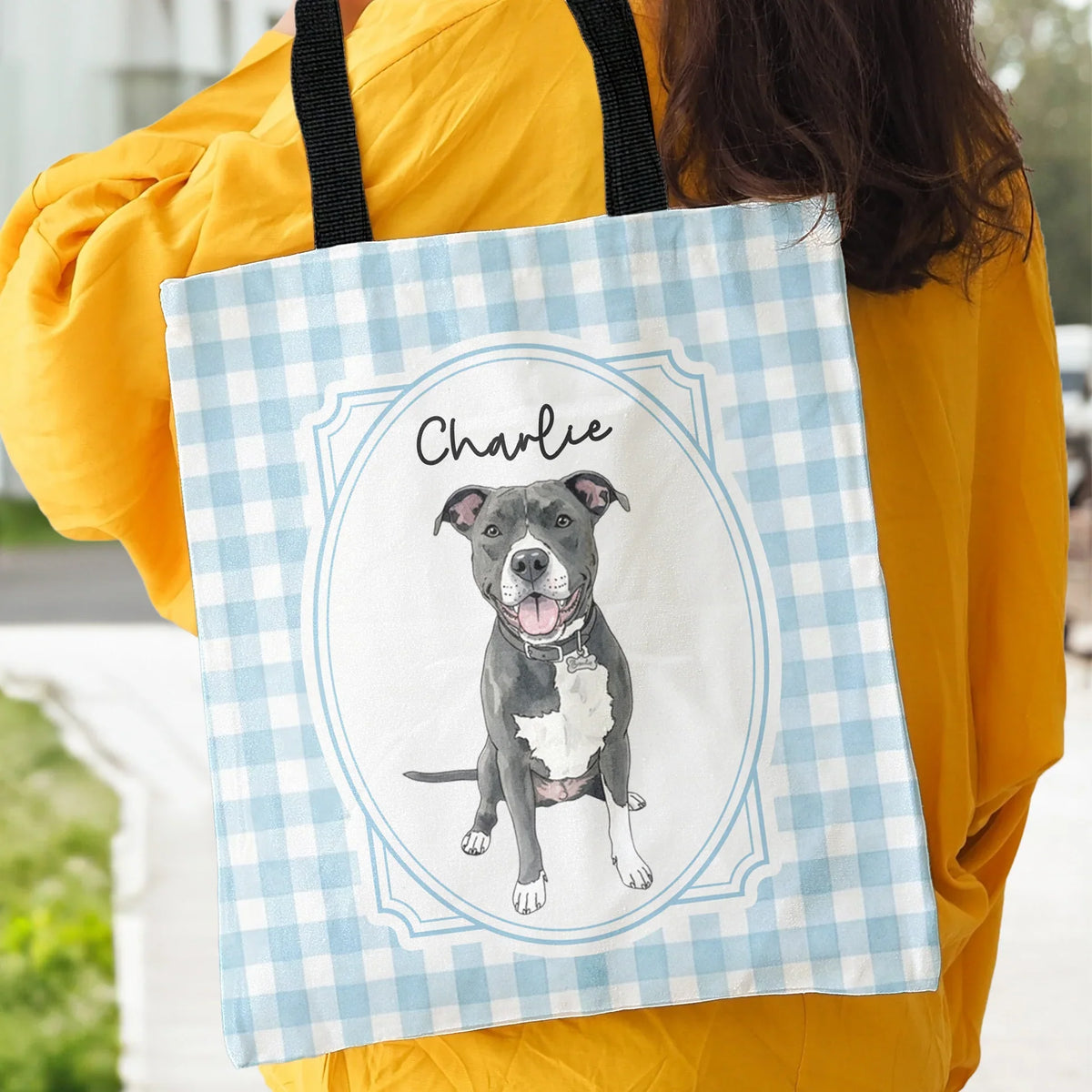 Personalized Pet Portrait Twill Tote Bag, Watercolor Dog & Cat Mom Creative Gift, Pastel Gingham Carryall