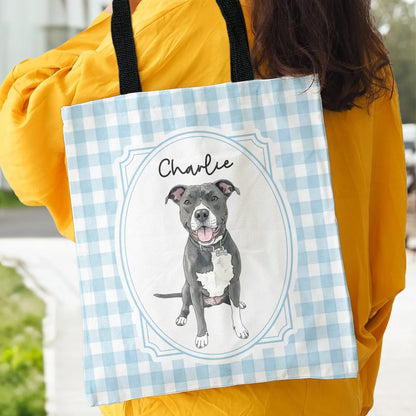Personalized Pet Portrait Twill Tote Bag, Watercolor Dog & Cat Mom Creative Gift, Pastel Gingham Carryall