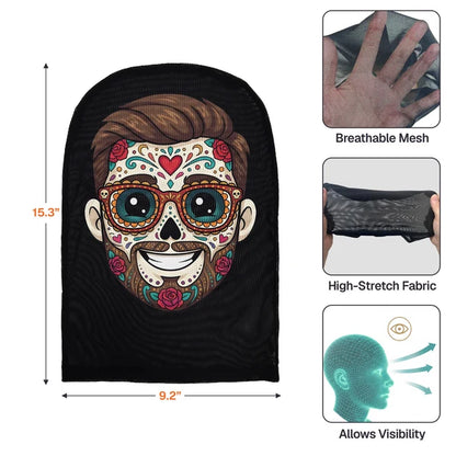Personalized Mesh Print Balaclava Hat, Smiling Floral Sugar Skull, Creative Mexican Day of the Dead Gift for Him
