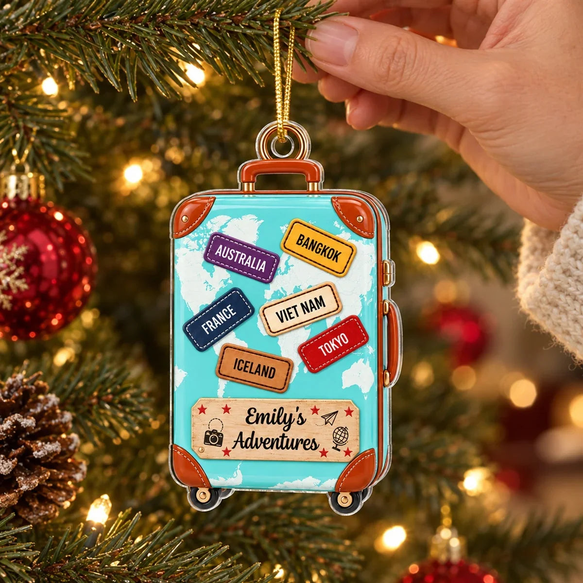 Personalized Acrylic Ornament, Turquoise Suitcase World Map Keepsake, Unique Travel Gift for Travelers
