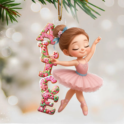 Personalized Acrylic Ornament, Pink Ballerina Dancing with Gingerbread Letters, Unique Christmas Gift for Girls