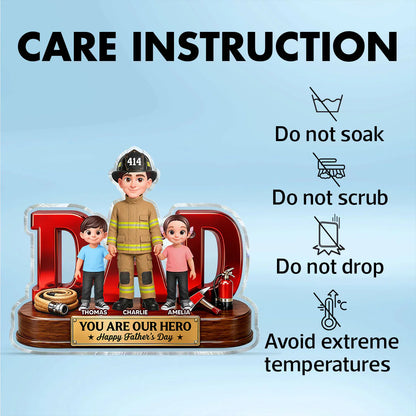Acrylic Block Plaque with Firefighter Dad Holding Kids, Unique Hero Gift for Dad