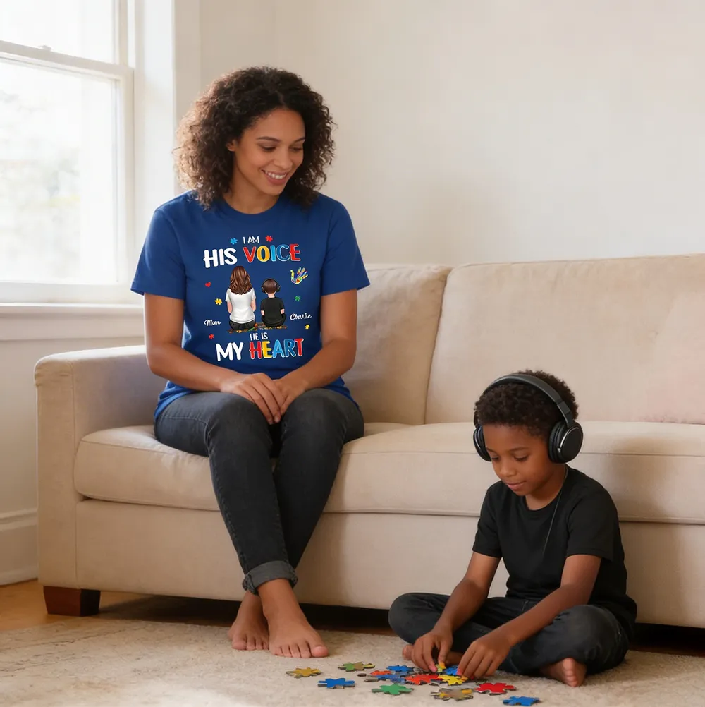 Personalized Classic Tee I Am His Voice He Is My Heart Autism Puzzle Mom and Son Back View Unique Gift