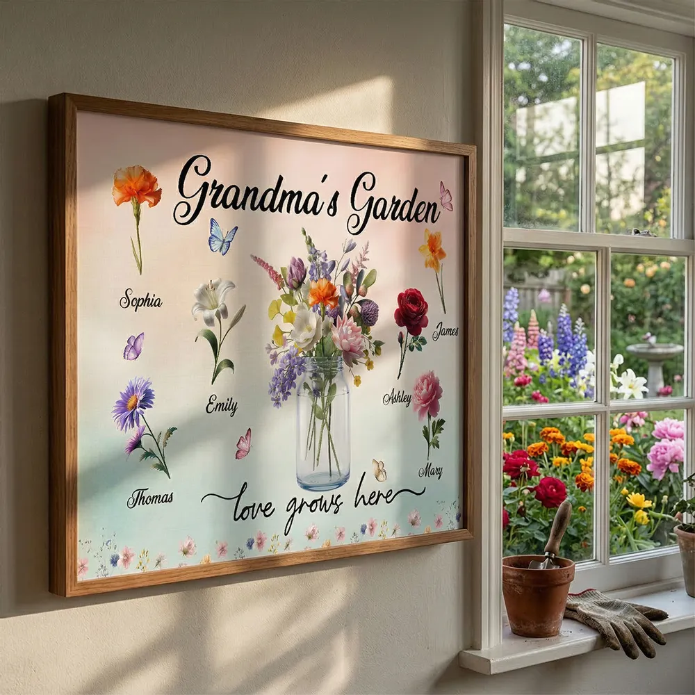 Personalized Grandma's Garden Flower Jar Poster, Custom Family Names Wall Art, Unique Gift for Grandma
