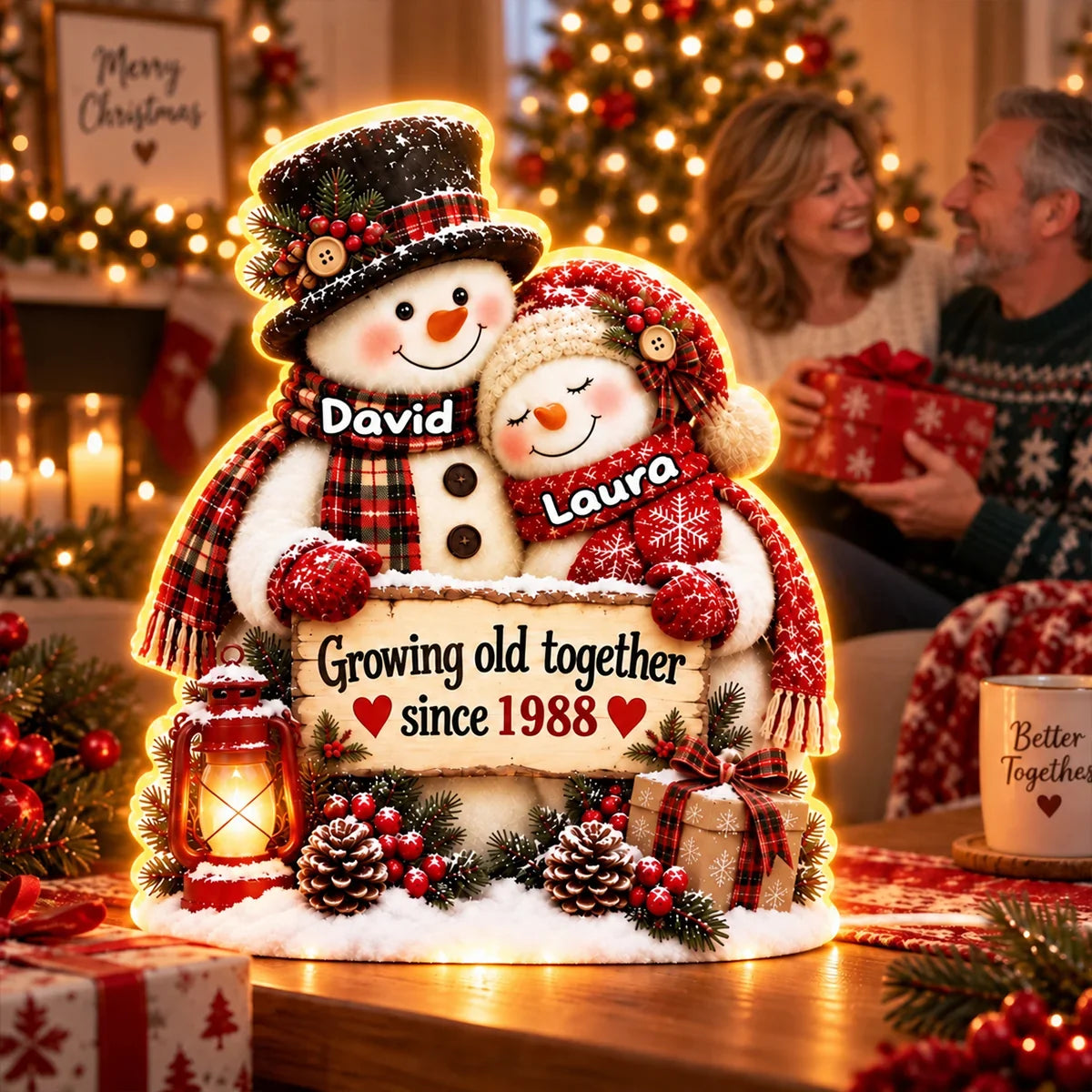 Growing Old Together Acrylic Light Box, Personalized Hugging Snowman Couple with Warm Glow, Creative Gift for Husband or Wife