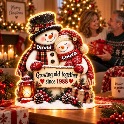 Growing Old Together Acrylic Light Box, Personalized Hugging Snowman Couple with Warm Glow, Creative Gift for Husband or Wife